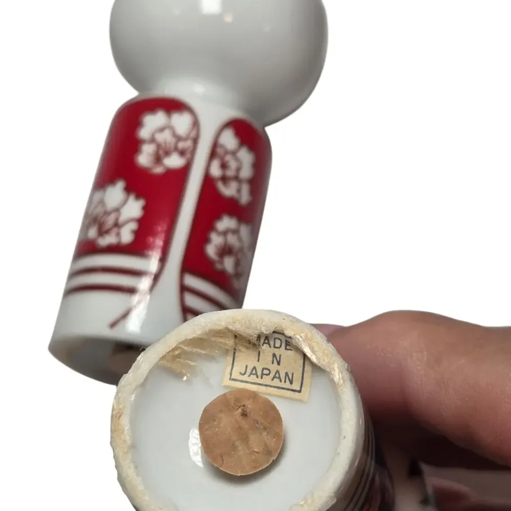 Vintage Japan Kokeshi Doll Salt Pepper Shakers Red Blue Floral Kimono Porcelain
